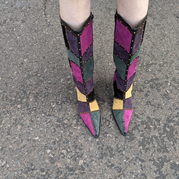 Vintage Patchwork Rainbow Clown Style Calf High Boots - Size 9.5W - Picture 5 of 8